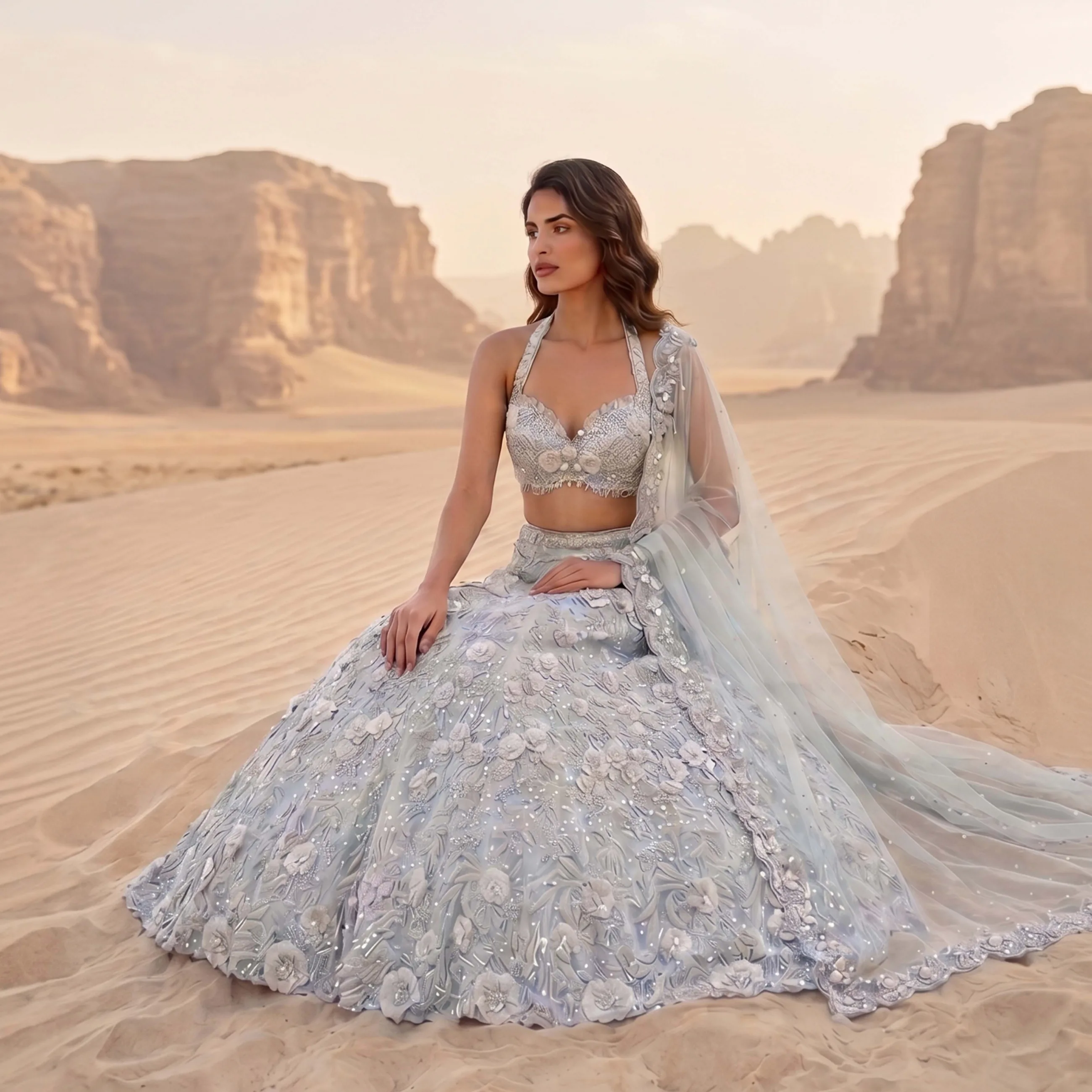 Pearls and Petals lookbook era — Three-dimensional florals and pearl work, shot in desert light.